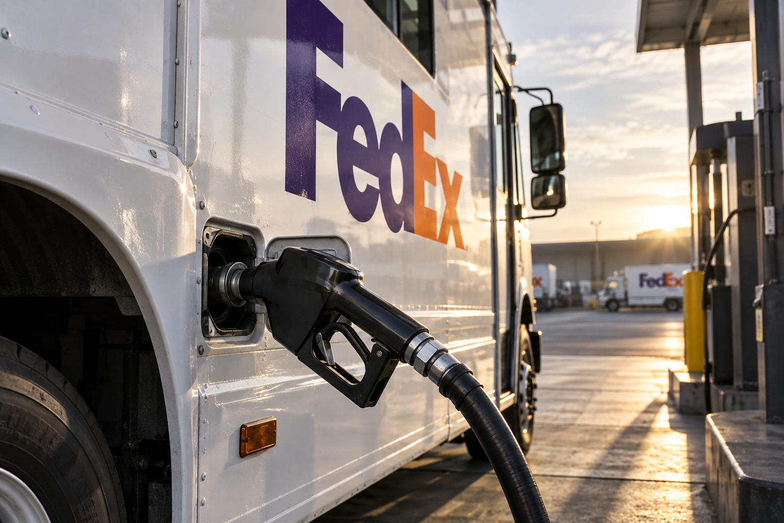 AI-generated editorial composite of a FedEx delivery truck beside a fuel pump