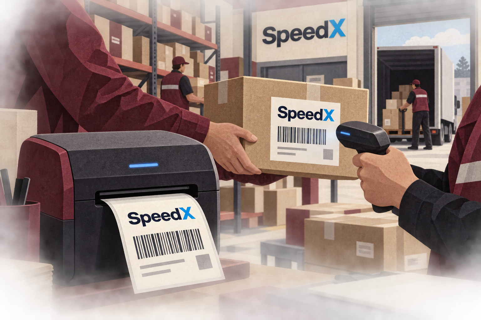 Editorial illustration of SpeedX shipping, parcels and carrier cost planning